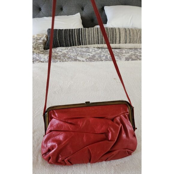 Vintage Handbags - 1980s 90s Vintage Red Leather Purse Shoulder Bag Brass Hardware